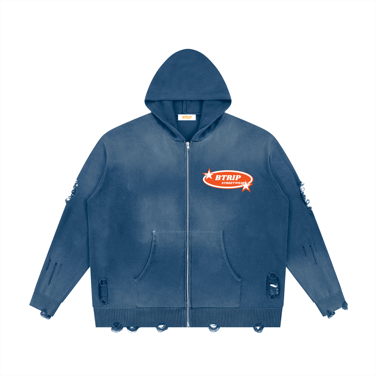 BTRIP STREETWEAR | Unisex Distressed Full-Zip Hooded Sweater