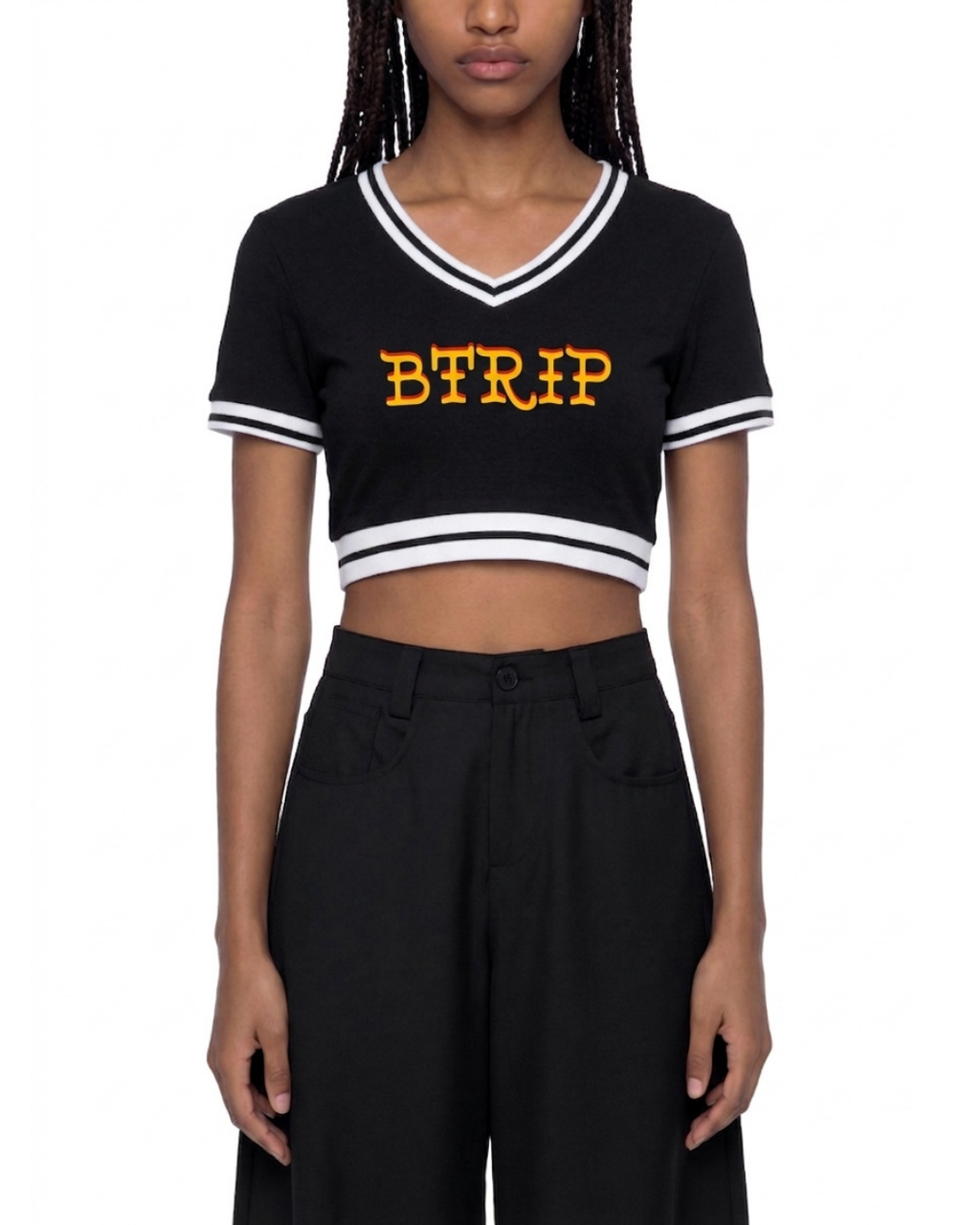 GUVYNVBO Color Block V-Neck Crop Tee