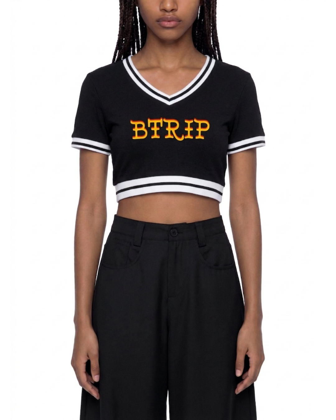 GUVYNVBO Color Block V-Neck Crop Tee
