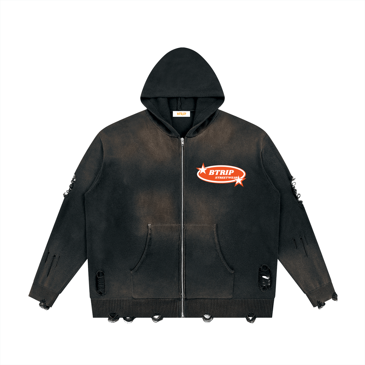 BTRIP STREETWEAR | Unisex Distressed Full-Zip Hooded Sweater