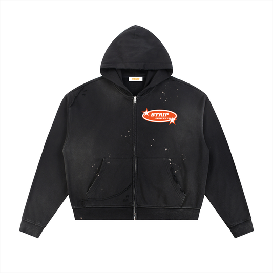 BTRIP STREETWEAR | Unisex Sun Fade Frayed Raw Edge Fleece Zip Hoodie