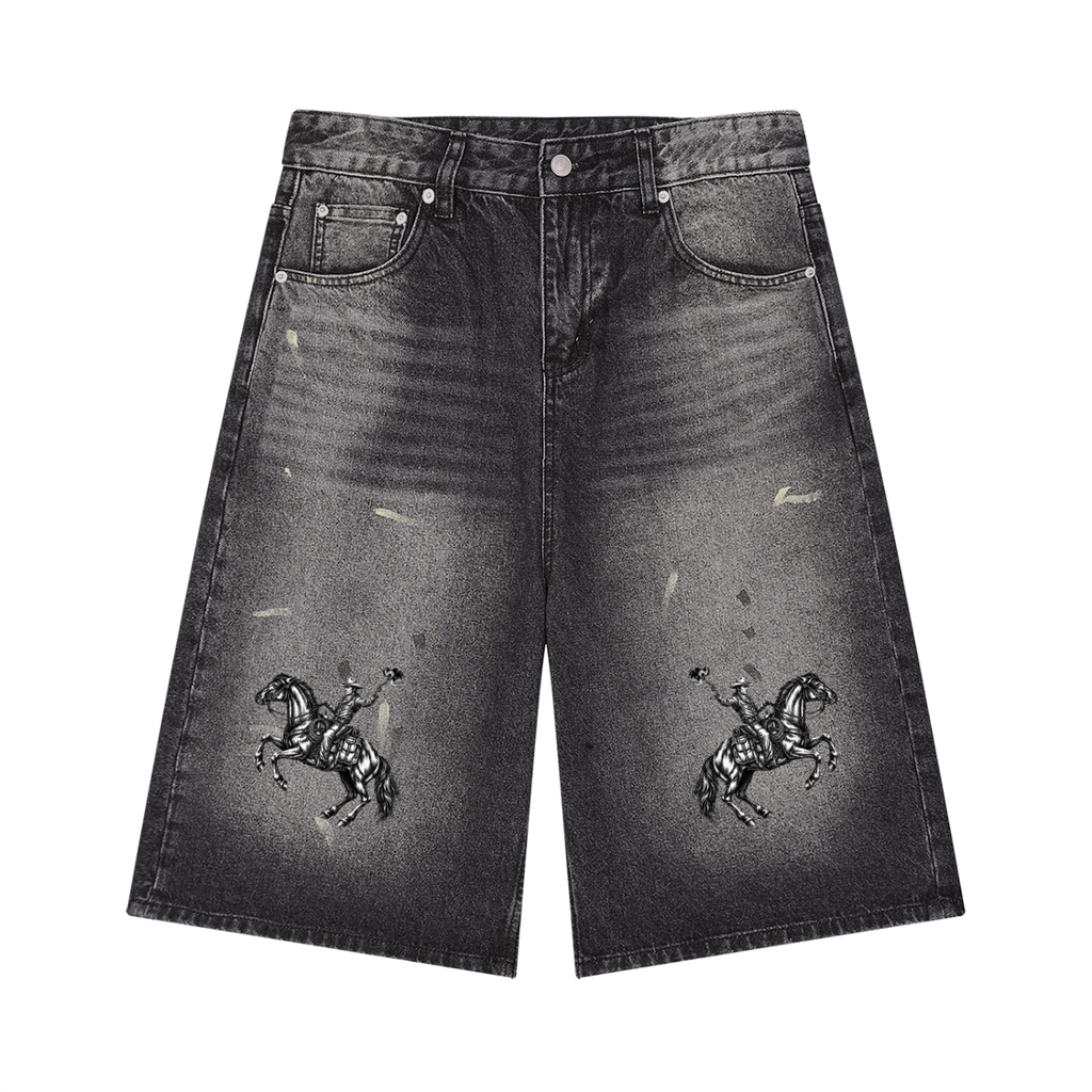 MAN DOWN - Men’s Vintage Wash Wide Leg Denim Shorts 002