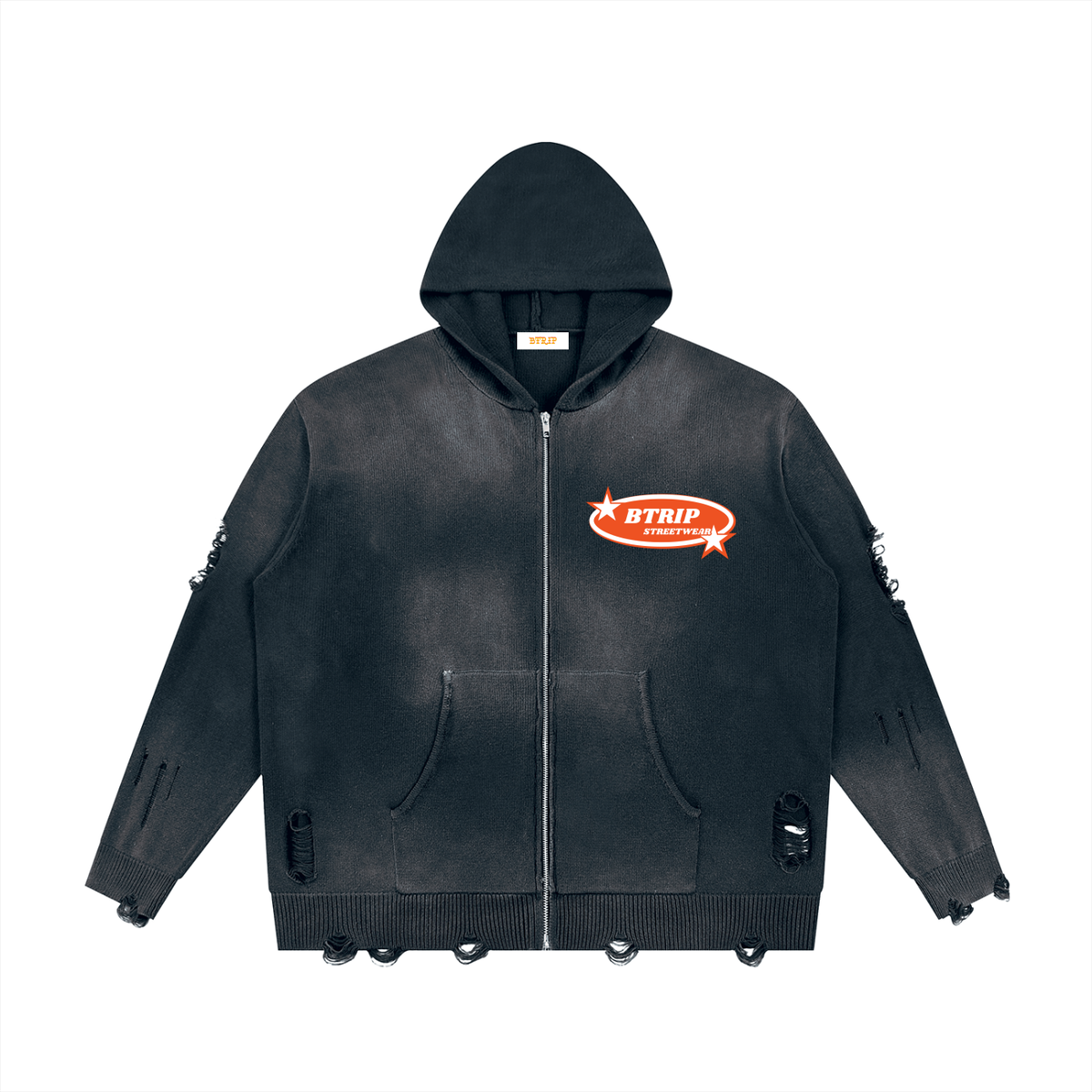BTRIP STREETWEAR | Unisex Distressed Full-Zip Hooded Sweater