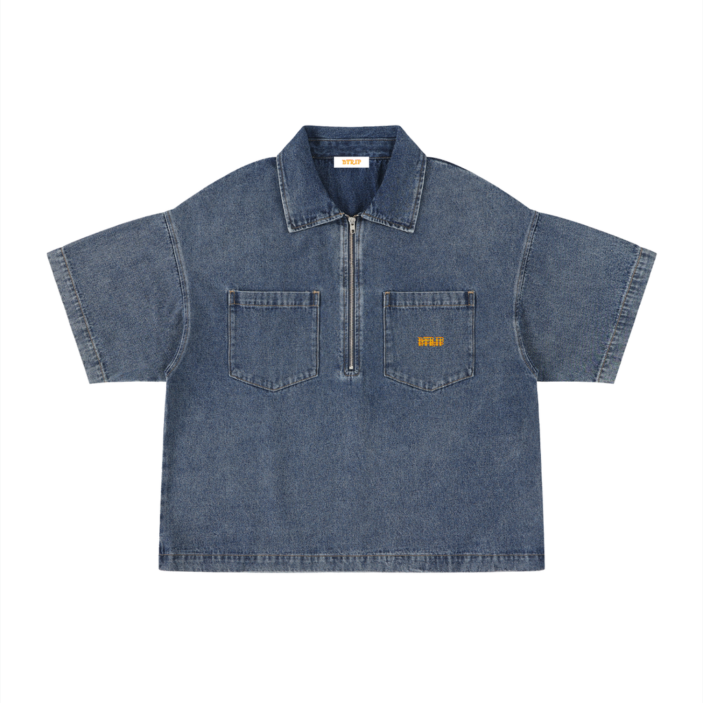 RAD - Unisex Vintage Wash Boxy Quarter-Zip Denim Shirt