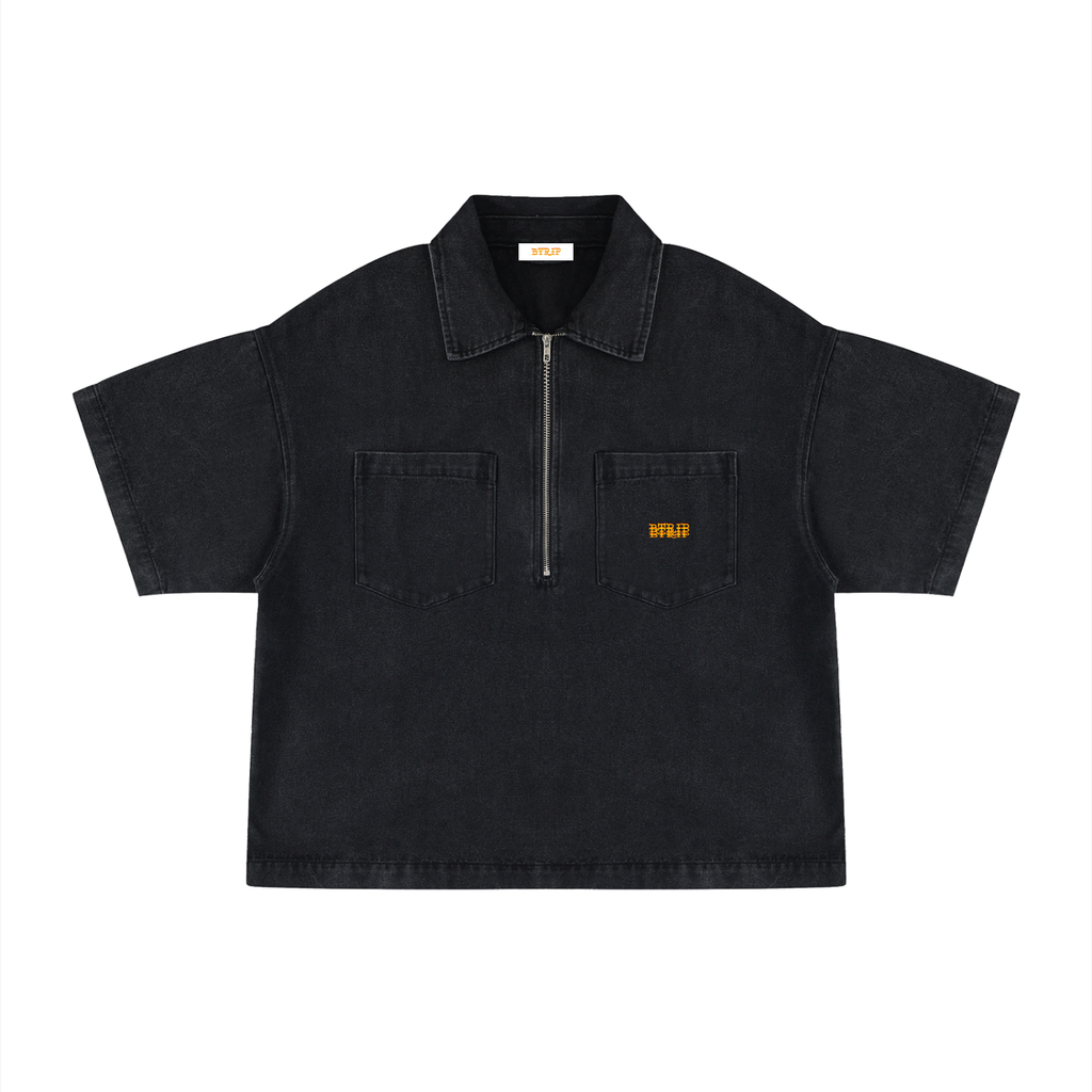 RAD - Unisex Vintage Wash Boxy Quarter-Zip Denim Shirt